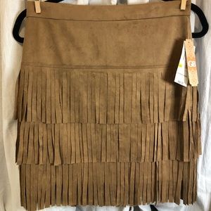 NWT GB Stretch Beige Velour 3 Tier Fringe Knee Length Straight Skirt~sz. M